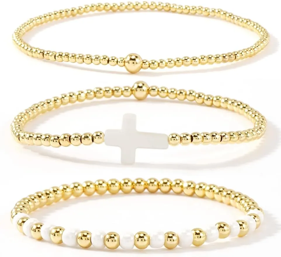 3PCS/Set Dainty Cross Gold Bracelets Stack for Women,Handmade Boho Gold Beaded Stretch Stackable Bracelets Trendy Prom Jewelry Gift Friendship