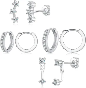 4 Pairs 925 Silver Earrings Set for Women, Lightweight Silver Stud Hoop Earrings with Cubic Zirconia, Hypoallergenic Small Cartilage Sleeper Huggie Set for Multiple Piercing