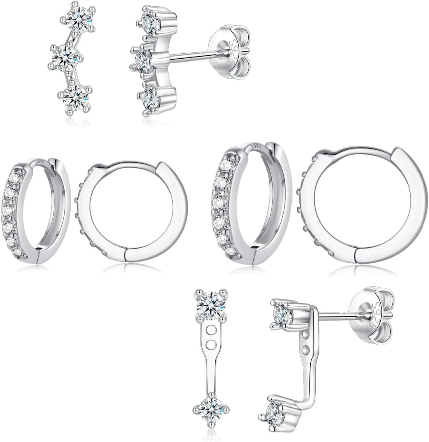 4 Pairs 925 Silver Earrings Set for Women, Lightweight Silver Stud Hoop Earrings with Cubic Zirconia, Hypoallergenic Small Cartilage Sleeper Huggie Set for Multiple Piercing