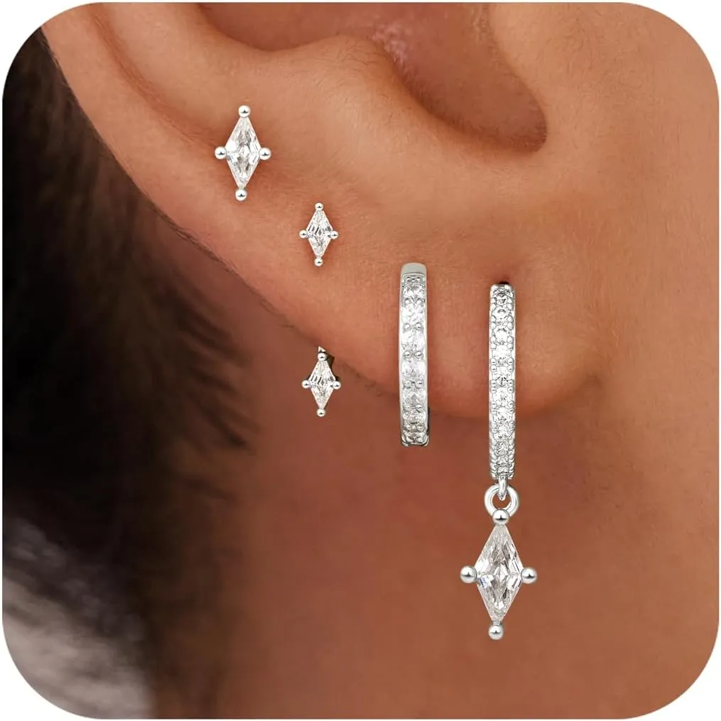 4 Pairs Stud Hoop Earrings Set for Women, Trendy Dangle Jacket Huggie Stacks for Multiple Piercing, Hypoallergenic Cartilage Jewelry Gifts