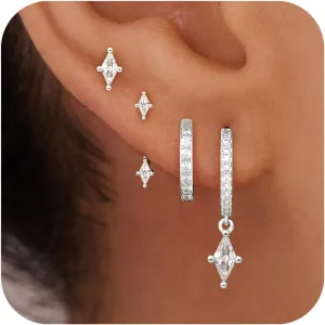 4 Pairs Stud Hoop Earrings Set for Women, Trendy Dangle Jacket Huggie Stacks for Multiple Piercing, Hypoallergenic Cartilage Jewelry Gifts
