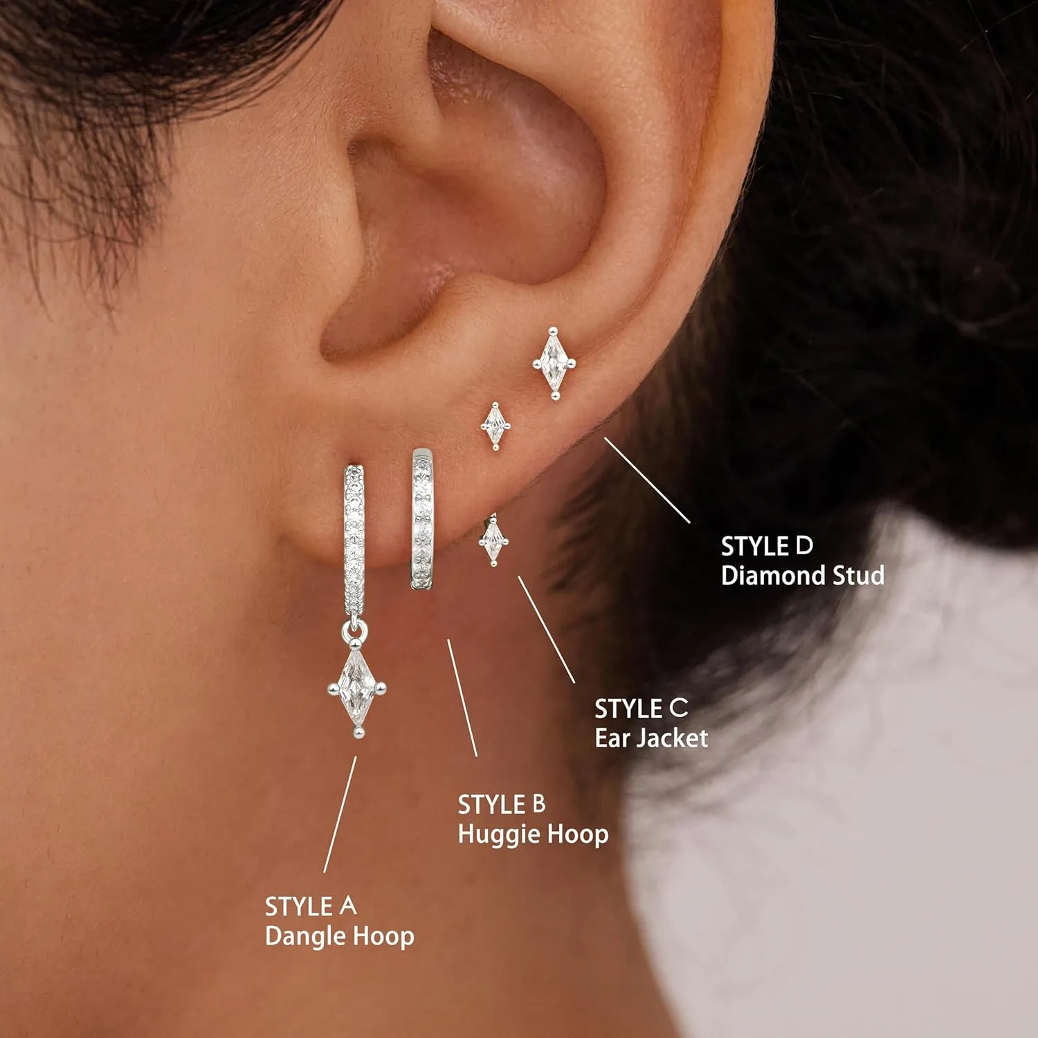4 Pairs Stud Hoop Earrings Set for Women, Trendy Dangle Jacket Huggie Stacks for Multiple Piercing, Hypoallergenic Cartilage Jewelry Gifts