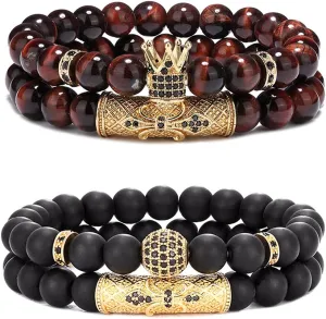 4 Pcs 8mm Crown King Bracelets for Men Women Tiger Eye Black Matte Onyx Cool Natural Stone Beads Bracelets Set
