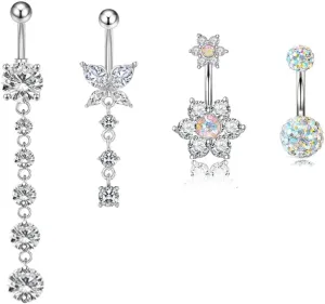 4PCS 14G Surgical Steel Belly Button Ring Dangle Belly Button Rings for Women Belly Piercing Dangling Cute Heart Butterfly Flower Navel Rings Pack(Silver-Butterfly-4pcs)