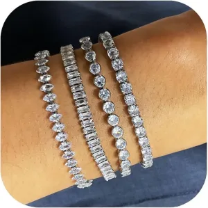 4pcs Silver Tennis Bracelets for Women - Cubic Zirconia Prom Bracelet Set - Stackable, Iced Out Bling Jewelry Set