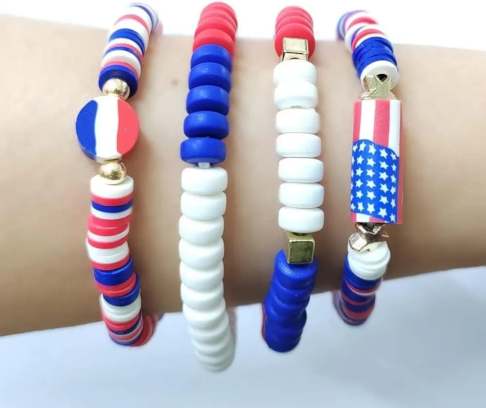 4th Of July Bracelets Set Heishi Surfer Bracelets For Women Men Boho Beaded Bracelet Friendship Polymer Clay Rainbow Bracelet Stackable Bracelet