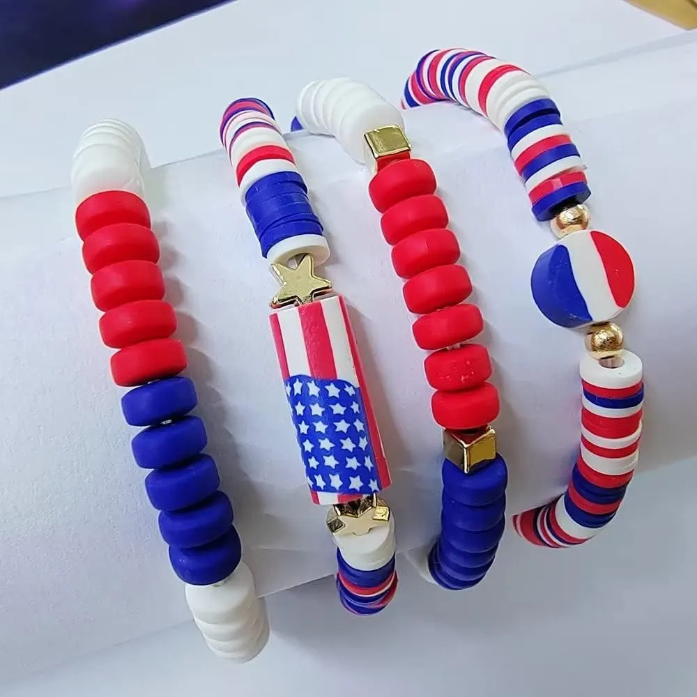 4th Of July Bracelets Set Heishi Surfer Bracelets For Women Men Boho Beaded Bracelet Friendship Polymer Clay Rainbow Bracelet Stackable Bracelet