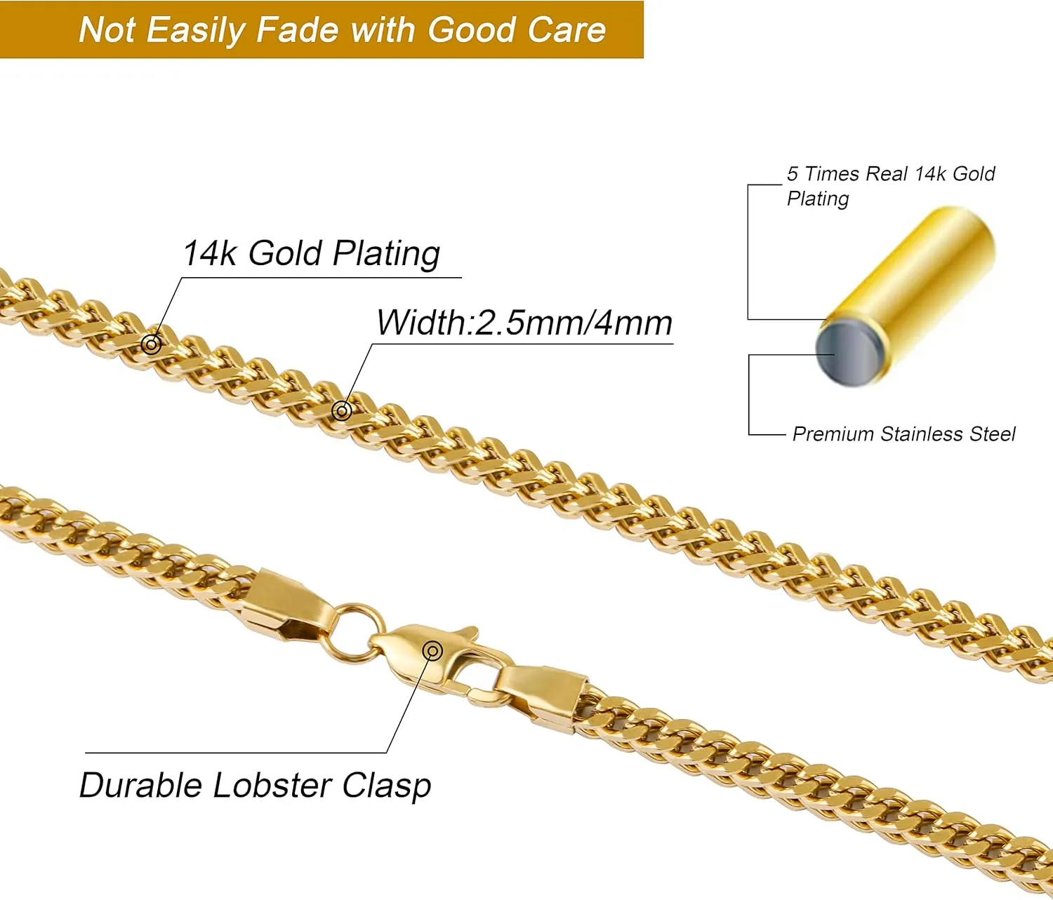 5 Times Real 14k/ White Gold Plated Franco Link Chain 2.5mm/4mm Stainless Steel Bracelet and Necklace for Men Women