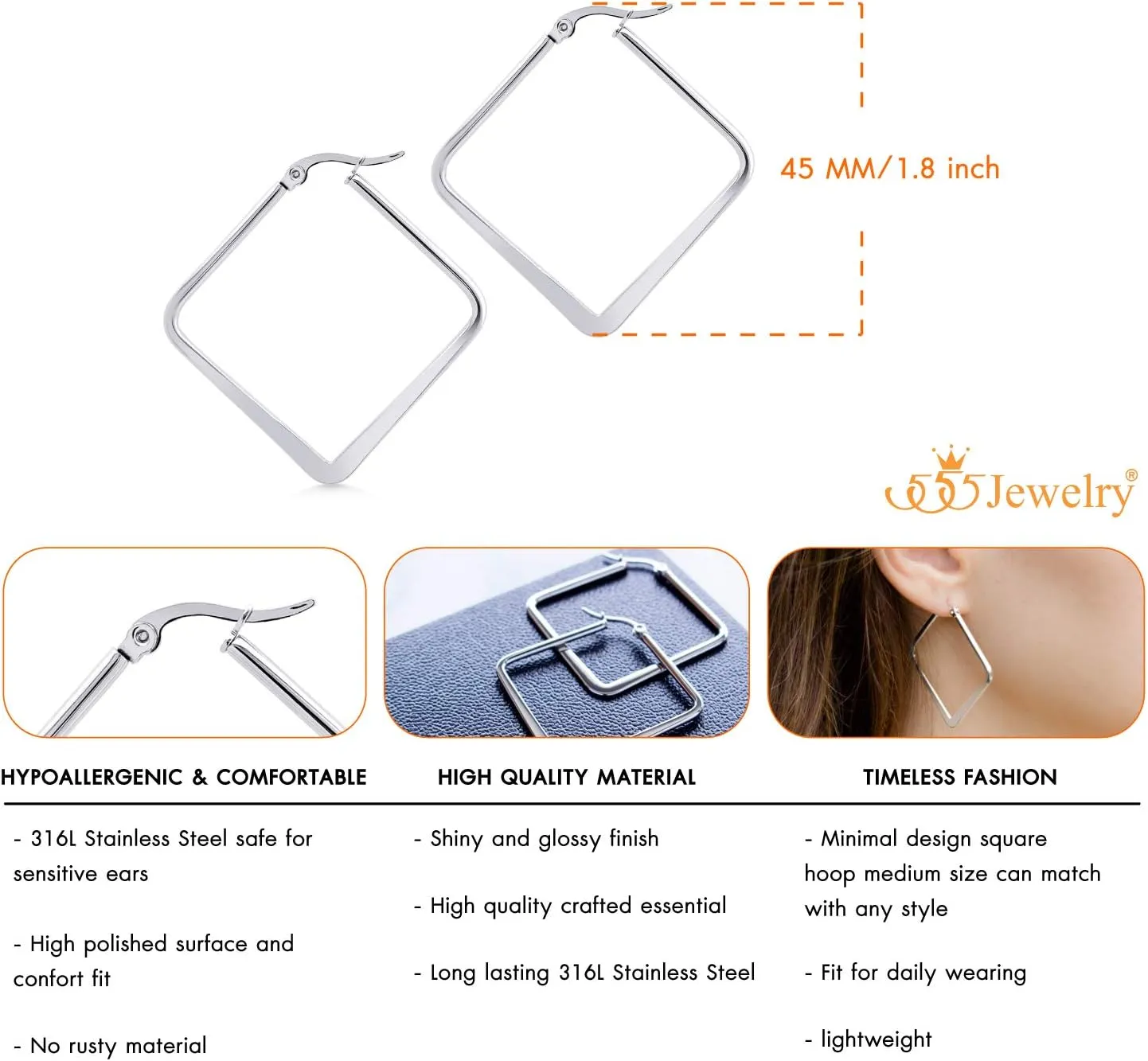 555Jewelry Stainless Steel Geometric Large Square Hoop Statement Earrings for Women