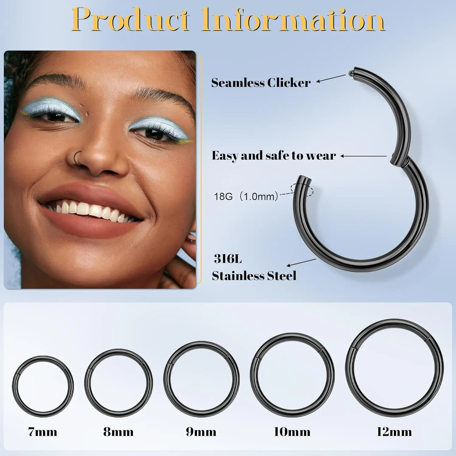 5Pairs 18G 316L Stainless Steel Hinged Segment Clicker Nose Ring Hoop for Women Men Seamless Daith Helix Cartilage Tragus Earring Hoop 7/8/9/10/12mm