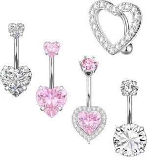 5PC Cute Pink Heart Surgical Steel Belly Button Rings Belly Jewelry Belly Rings for Women Navel Piercing Jewelry Fashion Belly Rings CZ Navel Ring Heart Belly Jewelry