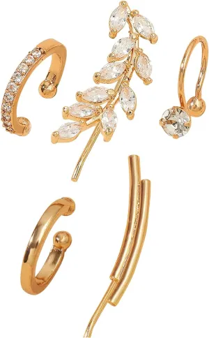 5Pcs Gold Earring Set for Women, Dainty Small Gold Hoop/Leaf/Bar Cuff Earring No Piercing Geometric Shape Cartilage Earring Jewelry Gifts