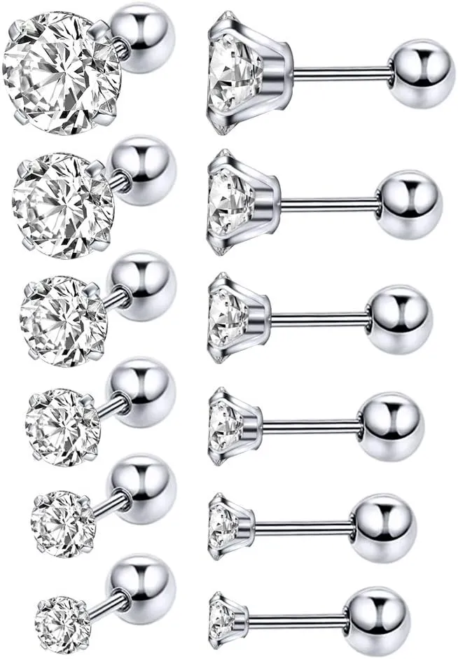 6 Pairs Shiny Round Cubic Zirconia Surgical Steel Stud Earrings Tragus Helix Conch Piercing Cartilage Sets