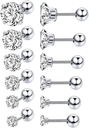 6 Pairs Shiny Round Cubic Zirconia Surgical Steel Stud Earrings Tragus Helix Conch Piercing Cartilage Sets