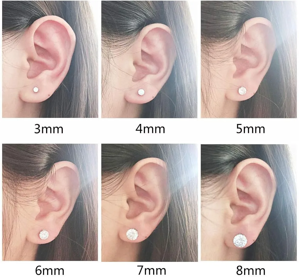 6 Pairs Shiny Round Cubic Zirconia Surgical Steel Stud Earrings Tragus Helix Conch Piercing Cartilage Sets