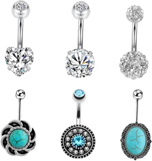 6pcs Stainless Steel Zircon Belly Button Ring Navel Jewelry Fashion Navel Rings
