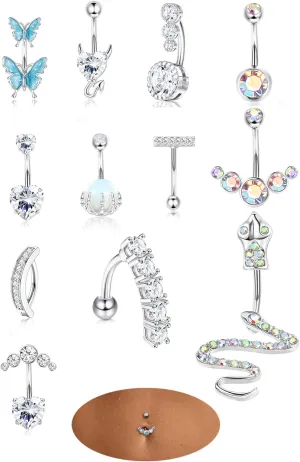 8-12Pcs 14G Surgical Steel Belly Button Rings for Women Butterfly Surgical Steel Belly Rings Shiny CZ Navel Rings Reverse Curved Barbells Evil Eye Devil Heart Belly Button Piercing Jewelry for Gift