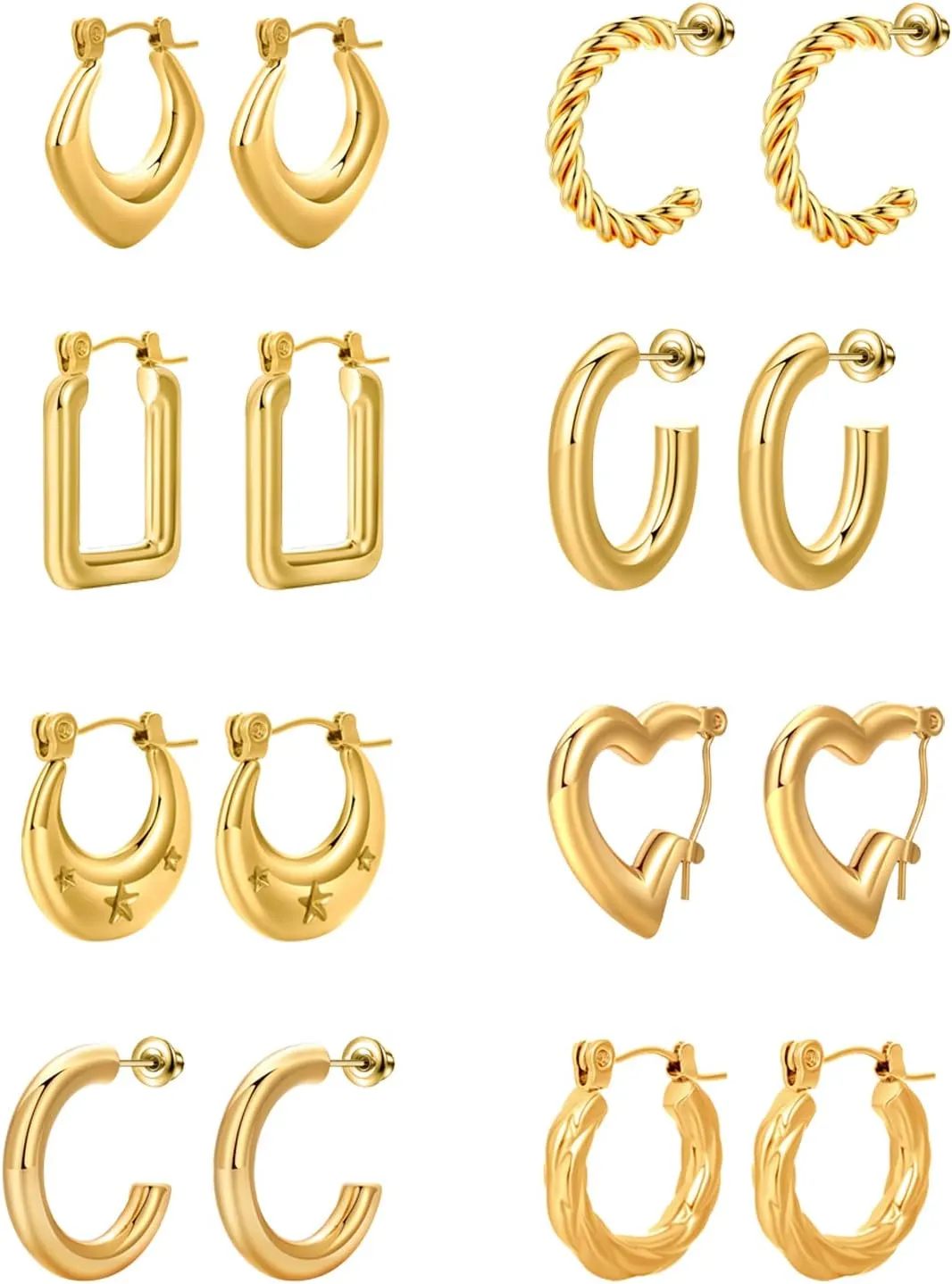8 Pairs Stainless Steel Chunky Gold Silver Hoop Earrings Set,Gold Earrings for Women,Hypoallergenic Hoop Huggie Trendy Jewelry Earrings for Women