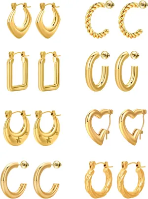 8 Pairs Stainless Steel Chunky Gold Silver Hoop Earrings Set,Gold Earrings for Women,Hypoallergenic Hoop Huggie Trendy Jewelry Earrings for Women