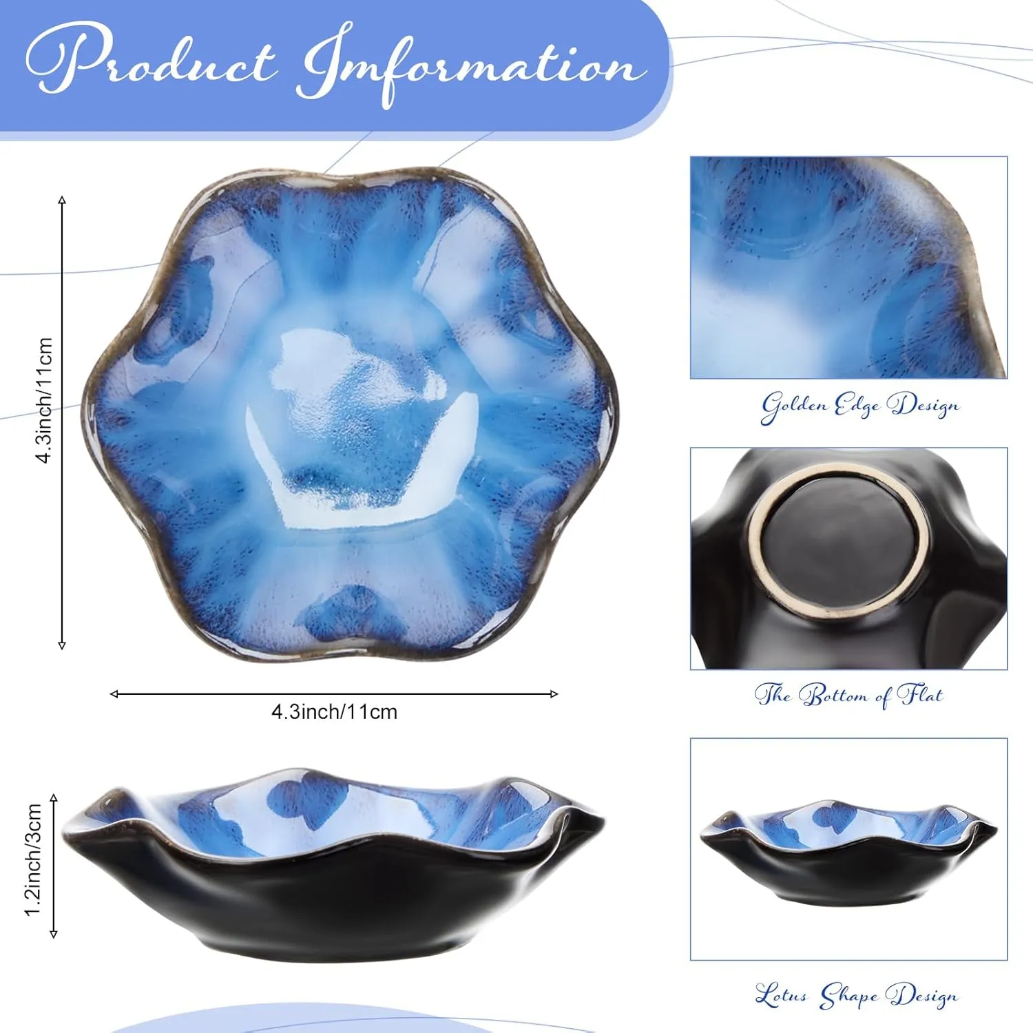 8 Pcs Lotus Leaf Ceramic Ring Dish Jewelry Dish Holder Small Trinket Tray Plate for Earrings Necklaces Bracelet Key (Blue)