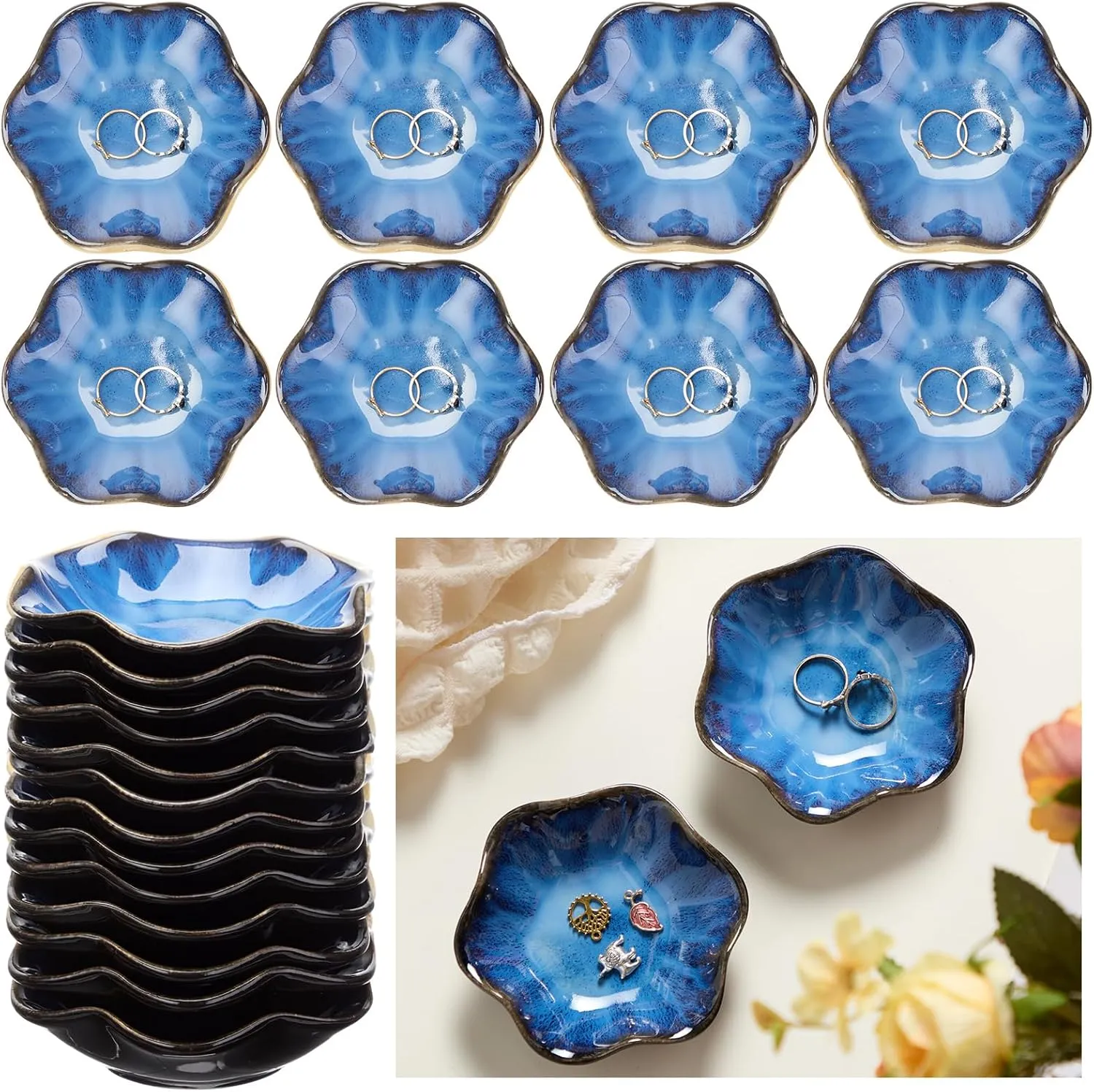 8 Pcs Lotus Leaf Ceramic Ring Dish Jewelry Dish Holder Small Trinket Tray Plate for Earrings Necklaces Bracelet Key (Blue)