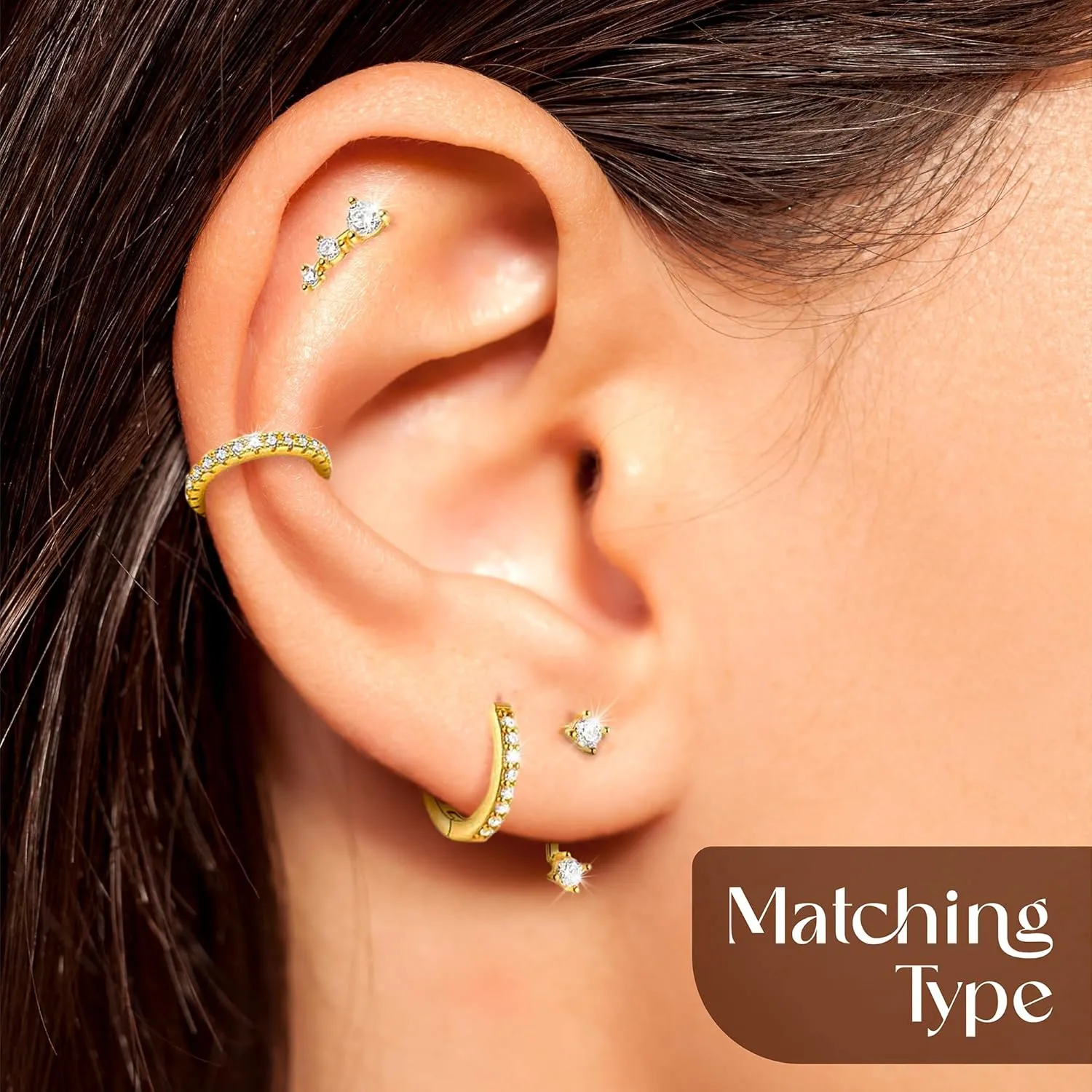8 pcs Stack Earrings Set, 4 pairs Hypoallergenic Small Huggie Hoop Earrings, 18k Gold plated, Cubic Zirconia, Dainty Stud Earrings, Multiple Piercing, Silver posts, Trendy Jewelry for Women, Gift Box
