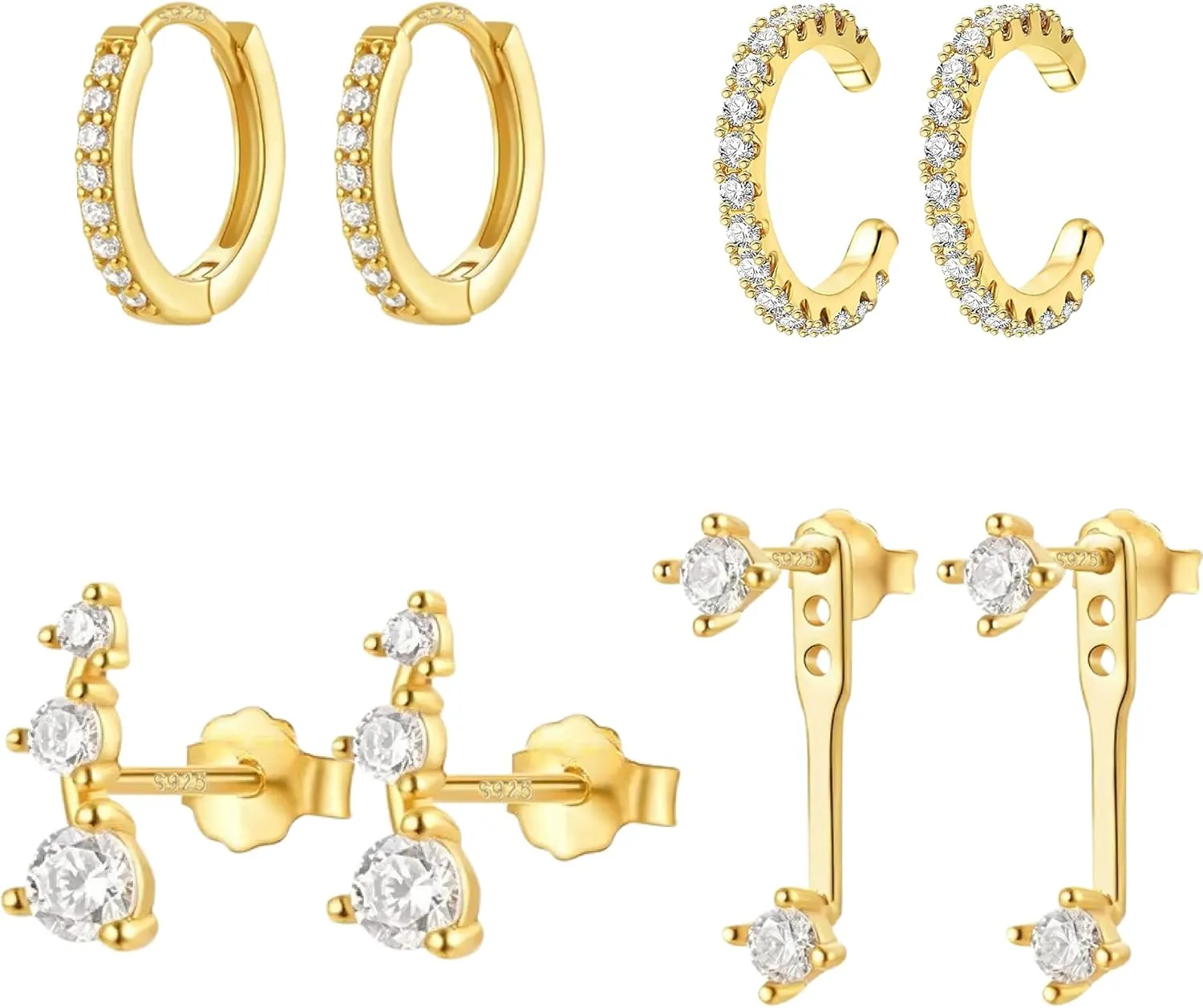 8 pcs Stack Earrings Set, 4 pairs Hypoallergenic Small Huggie Hoop Earrings, 18k Gold plated, Cubic Zirconia, Dainty Stud Earrings, Multiple Piercing, Silver posts, Trendy Jewelry for Women, Gift Box