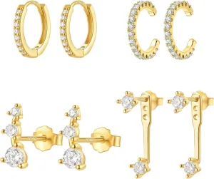 8 pcs Stack Earrings Set, 4 pairs Hypoallergenic Small Huggie Hoop Earrings, 18k Gold plated, Cubic Zirconia, Dainty Stud Earrings, Multiple Piercing, Silver posts, Trendy Jewelry for Women, Gift Box