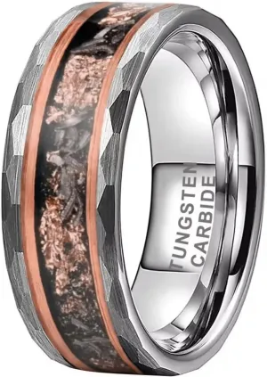 8MM Meteorite Chip Gold Foil Inlay Black Tungsten Ring for Men Women Engagement Wedding Comfortable Fit