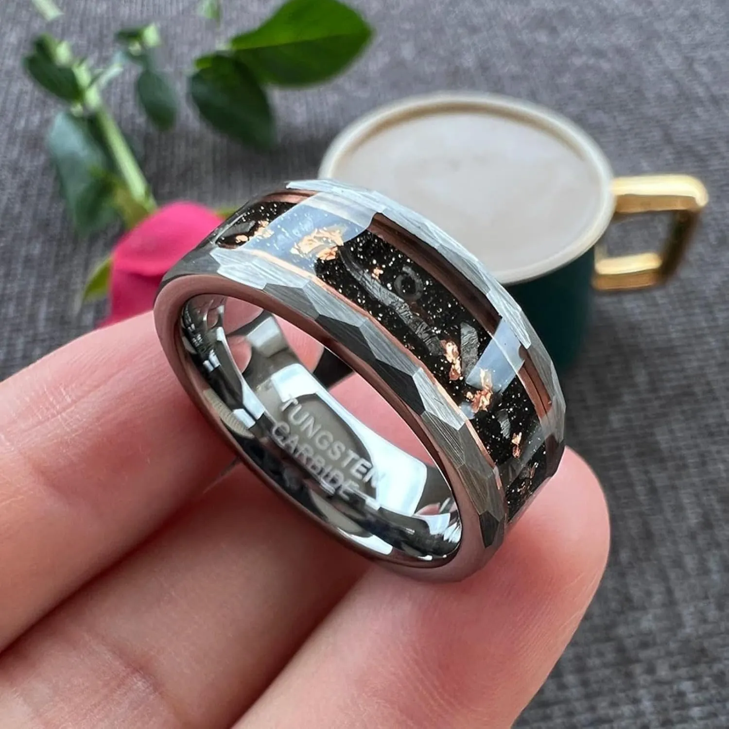 8MM Meteorite Chip Gold Foil Inlay Black Tungsten Ring for Men Women Engagement Wedding Comfortable Fit