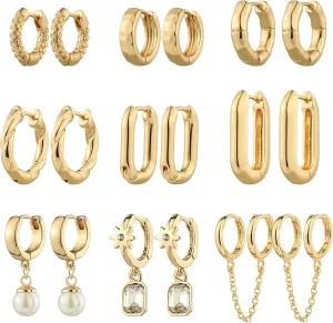 9 Pairs Gold Chunky Hoop Earrings Set for Women, 14K Gold Plated Twisted Huggie Hoop Earring Hypoallergenic, Lightweight Thick Open Hoops Earrings Jewelry Gifts.