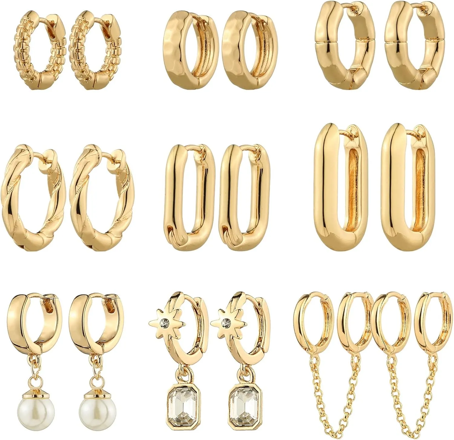 9 Pairs Gold Chunky Hoop Earrings Set for Women, 14K Gold Plated Twisted Huggie Hoop Earring Hypoallergenic, Lightweight Thick Open Hoops Earrings Jewelry Gifts.