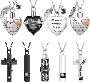 9 Pcs Heart Cross Cubic Urn Necklace for Ashes Keepsake Cremation Jewelry Stainless Steel Necklace Crystal Memorial Pendant Heart Locket Ashes Jewelry for Women Men Loved Ones, 9 Styles