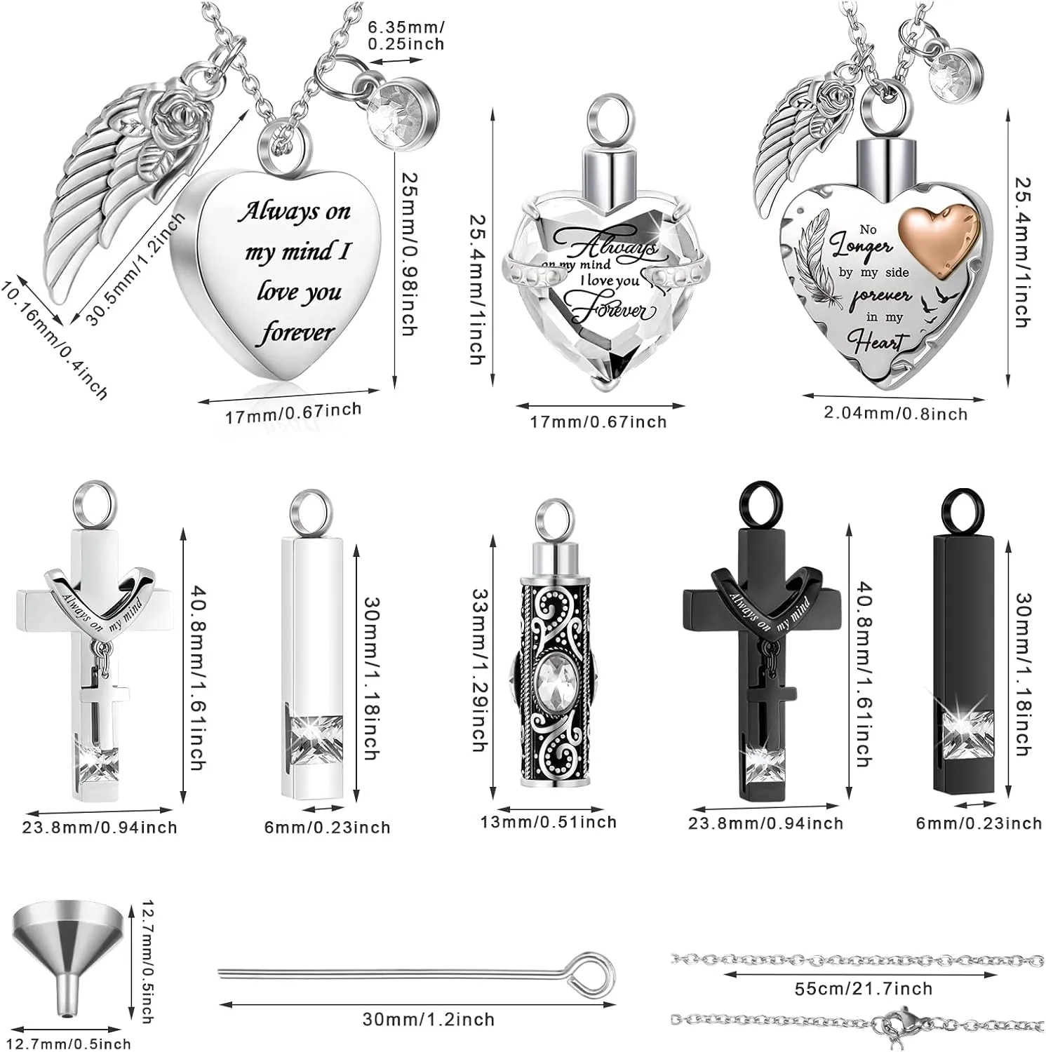 9 Pcs Heart Cross Cubic Urn Necklace for Ashes Keepsake Cremation Jewelry Stainless Steel Necklace Crystal Memorial Pendant Heart Locket Ashes Jewelry for Women Men Loved Ones, 9 Styles