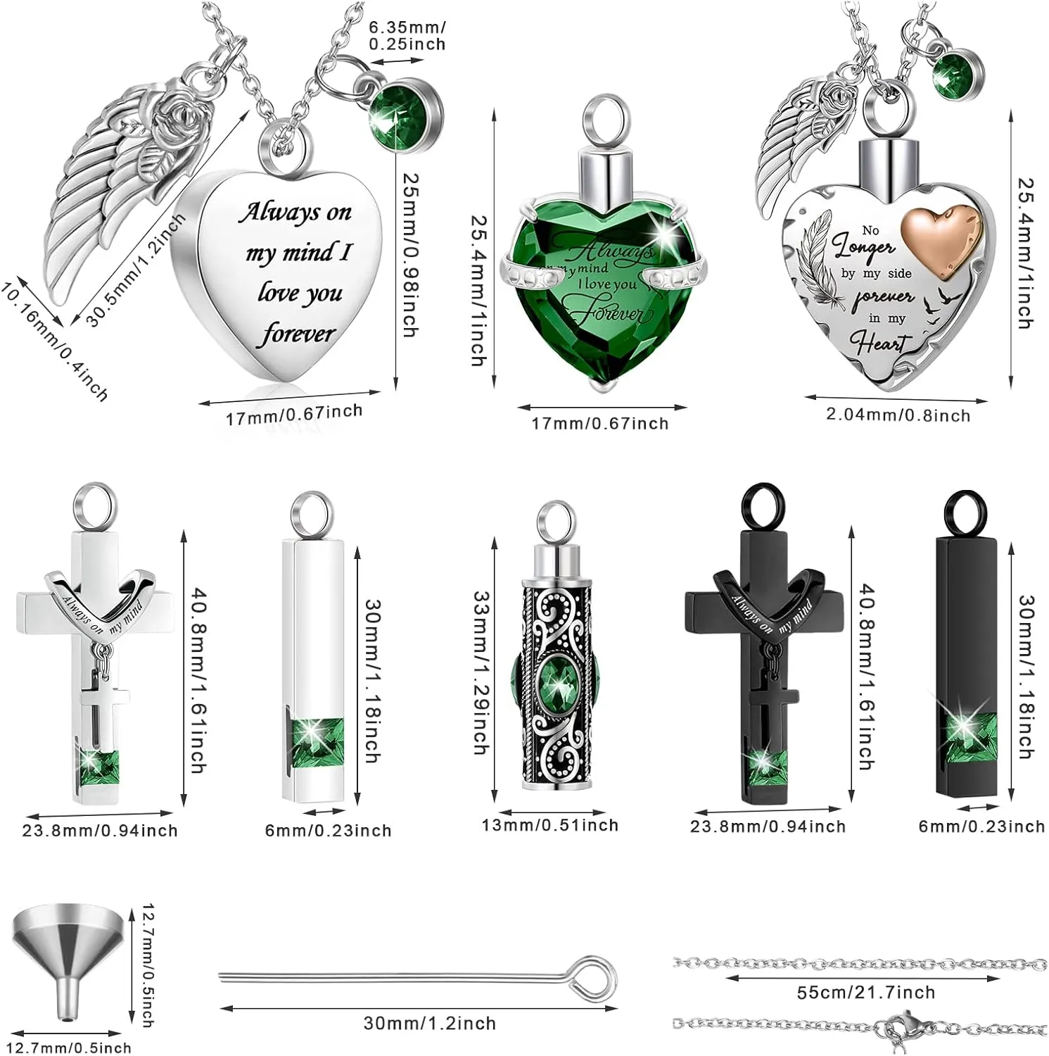 9 Pcs Heart Cross Cubic Urn Necklace for Ashes Keepsake Cremation Jewelry Stainless Steel Necklace Crystal Memorial Pendant Heart Locket Ashes Jewelry for Women Men Loved Ones, 9 Styles