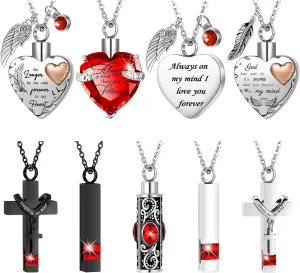 9 Pcs Heart Cross Cubic Urn Necklace for Ashes Keepsake Cremation Jewelry Stainless Steel Necklace Crystal Memorial Pendant Heart Locket Ashes Jewelry for Women Men Loved Ones, 9 Styles