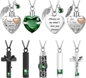 9 Pcs Heart Cross Cubic Urn Necklace for Ashes Keepsake Cremation Jewelry Stainless Steel Necklace Crystal Memorial Pendant Heart Locket Ashes Jewelry for Women Men Loved Ones, 9 Styles