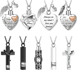 9 Pcs Heart Cross Cubic Urn Necklace for Ashes Keepsake Cremation Jewelry Stainless Steel Necklace Crystal Memorial Pendant Heart Locket Ashes Jewelry for Women Men Loved Ones, 9 Styles