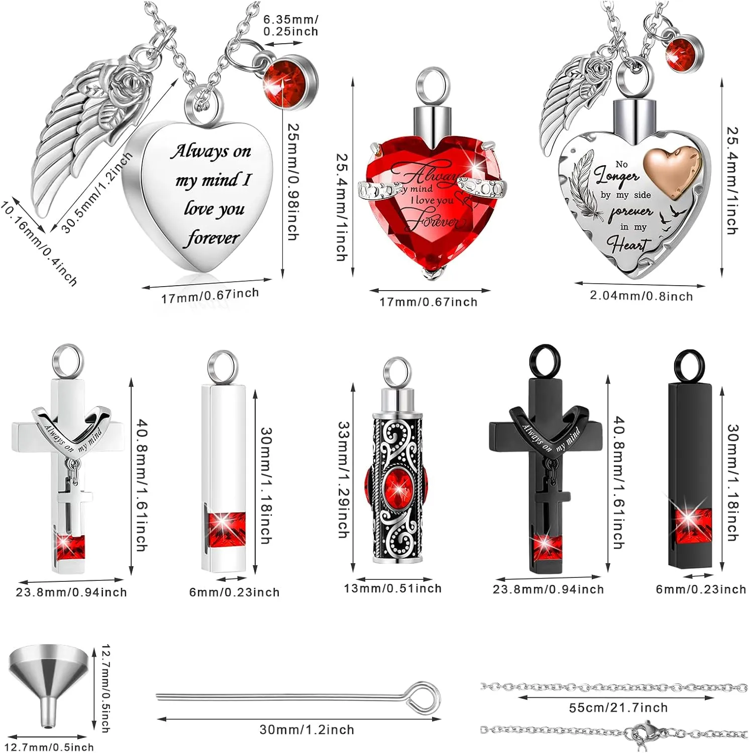 9 Pcs Heart Cross Cubic Urn Necklace for Ashes Keepsake Cremation Jewelry Stainless Steel Necklace Crystal Memorial Pendant Heart Locket Ashes Jewelry for Women Men Loved Ones, 9 Styles