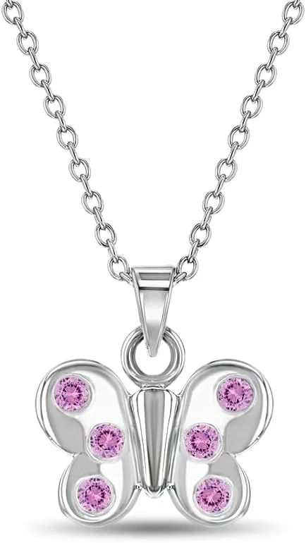 925 Sterling Silver 16" Pretty Pink Cubic Zirconia Butterfly Pendant Necklace for Girls & Preteens - Beautiful Bright Butterfly Link Chain Necklaces for Girls - Elegant & Cute Round CZ Girl Accessory