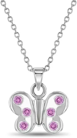 925 Sterling Silver 16" Pretty Pink Cubic Zirconia Butterfly Pendant Necklace for Girls & Preteens - Beautiful Bright Butterfly Link Chain Necklaces for Girls - Elegant & Cute Round CZ Girl Accessory
