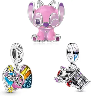 925 Sterling Silver Charms, Mickey, Stitch, Dopey, Winnie, Animal Series Charm Fits Pandora Bracelet Make DIY Jewellery Set Gifts for Ladies