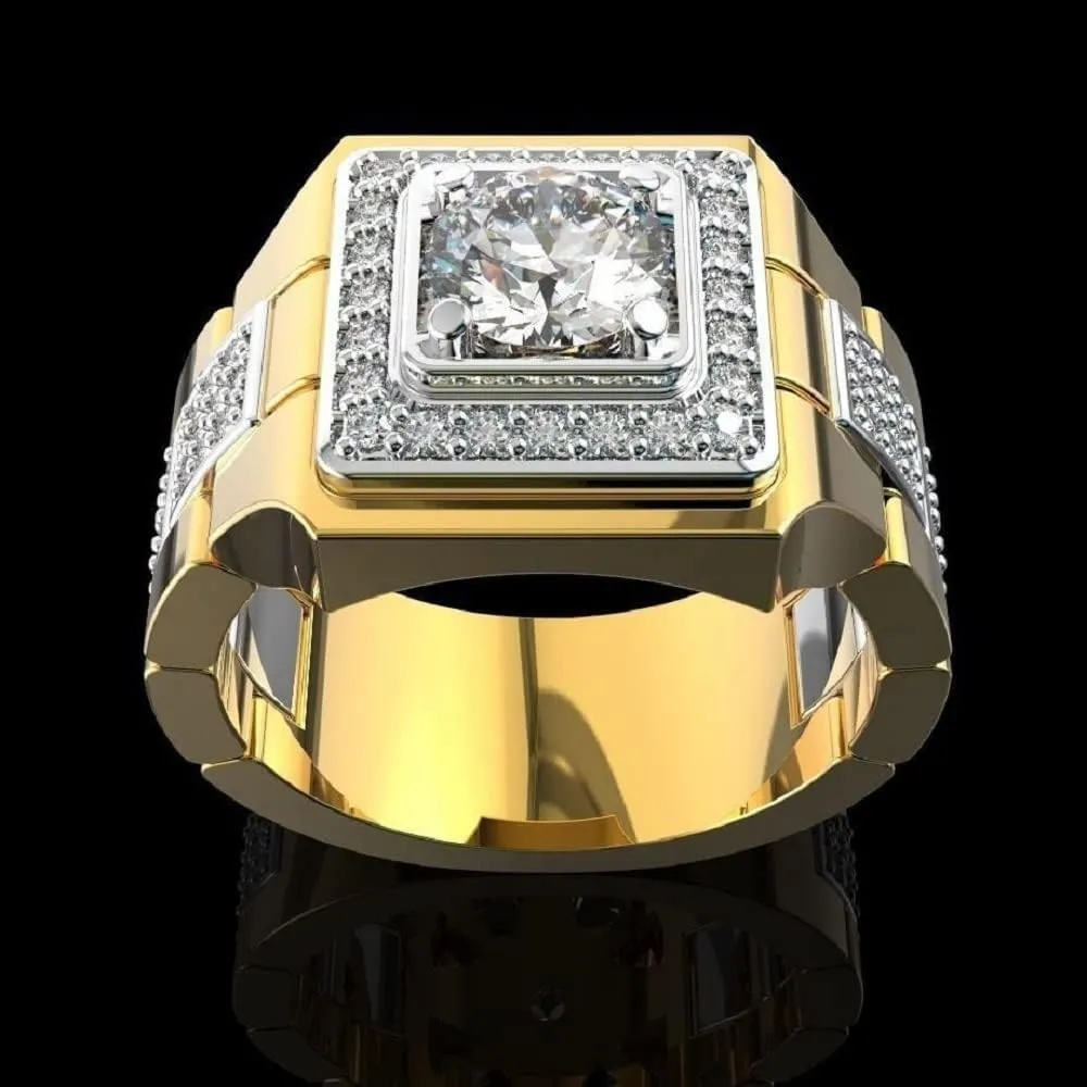 925 Sterling Silver Classic Fashion Watch Full Diamond Shiny Men's 18K Yellow Gold Two Tone Engagement Wedding Rings Cubic Zirconia Round Cut Hip Hop Rings Mens Cocktail Party Rings 644