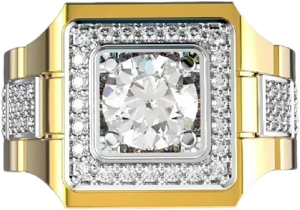 925 Sterling Silver Classic Fashion Watch Full Diamond Shiny Men's 18K Yellow Gold Two Tone Engagement Wedding Rings Cubic Zirconia Round Cut Hip Hop Rings Mens Cocktail Party Rings 644