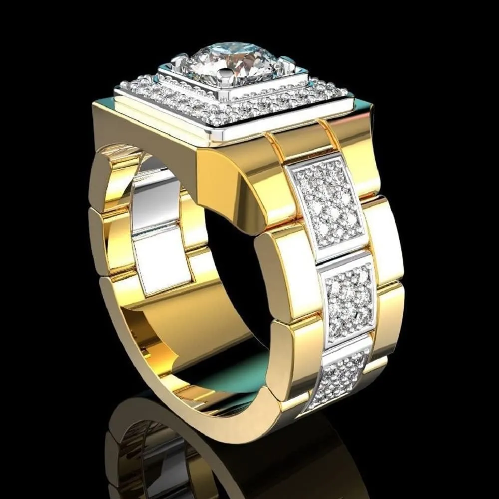 925 Sterling Silver Classic Fashion Watch Full Diamond Shiny Men's 18K Yellow Gold Two Tone Engagement Wedding Rings Cubic Zirconia Round Cut Hip Hop Rings Mens Cocktail Party Rings 644