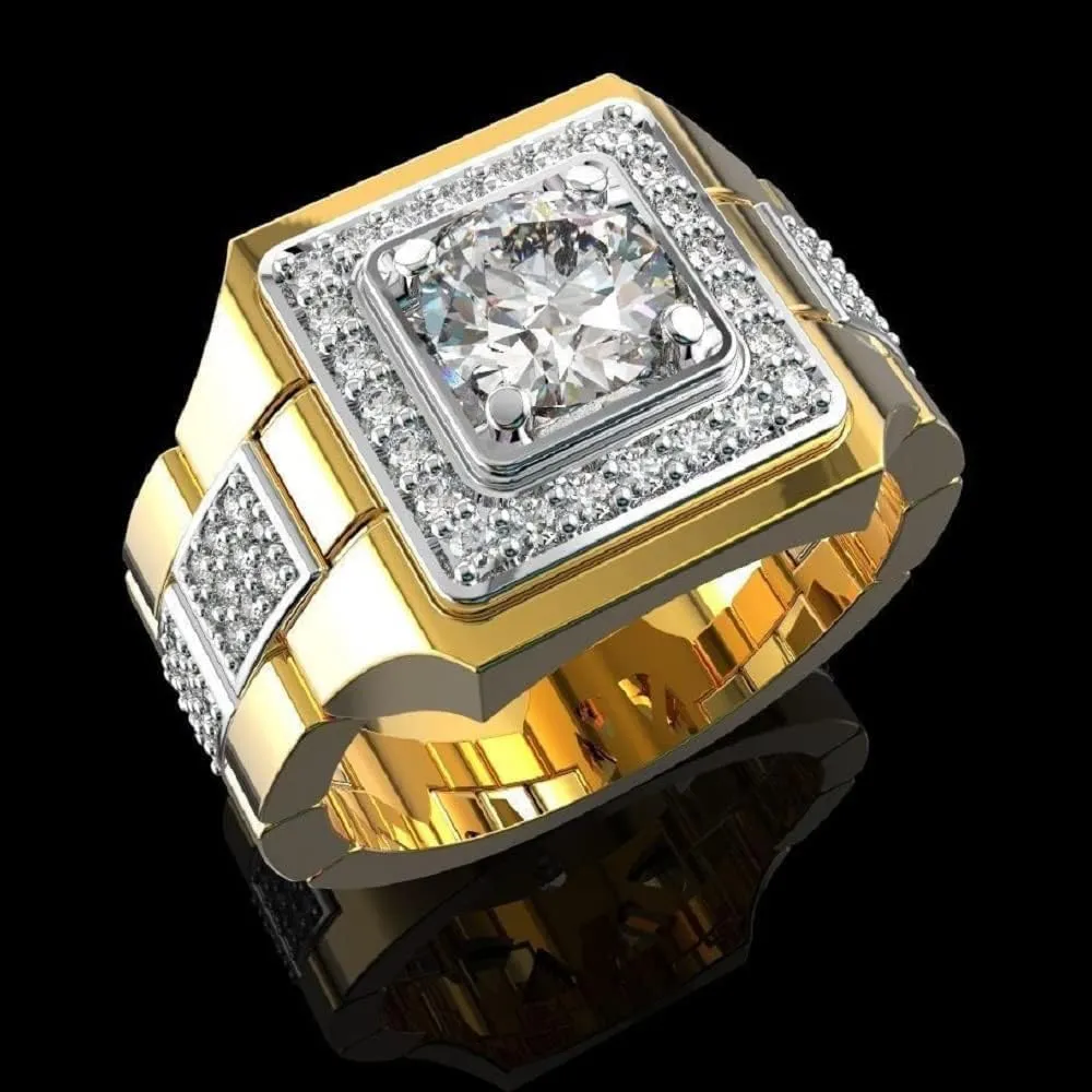 925 Sterling Silver Classic Fashion Watch Full Diamond Shiny Men's 18K Yellow Gold Two Tone Engagement Wedding Rings Cubic Zirconia Round Cut Hip Hop Rings Mens Cocktail Party Rings 644