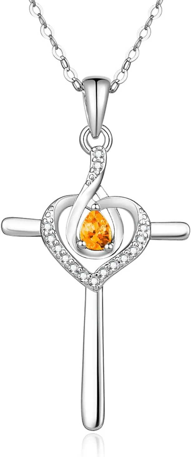 925 Sterling Silver Cross Birthstone Necklace for Women Cross Water Drop Pendant Necklaces Trendy Christmas Mothers Day Valentine's Day Anniversary Jewelry Gift for Women Her Wife Girlfriends (WaterDrop-10th)