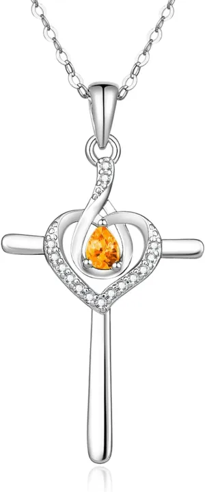 925 Sterling Silver Cross Birthstone Necklace for Women Cross Water Drop Pendant Necklaces Trendy Christmas Mothers Day Valentine's Day Anniversary Jewelry Gift for Women Her Wife Girlfriends (WaterDrop-10th)
