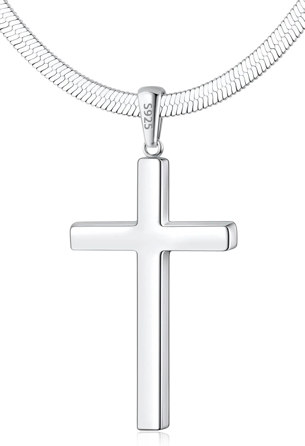 925 Sterling Silver Cross Necklace for Women, Womens Sterling Silver Cross Pendant Necklace with 4mm Real Silver Snake Chain, Womens Cross Necklaces Sturdy Shiny Non Tarnish 16-26 Inches
