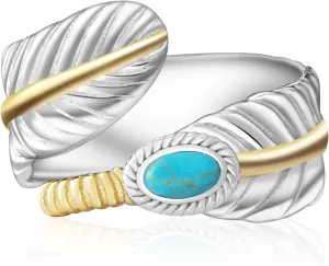 925 Sterling Silver Feather Turquoise Adjustable Ring - Modern Boho Western Thumb Ring - Blue Turquoise Stone - Silver Band - Gift for Women